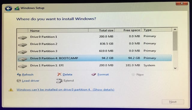 Sélection de la partition BOOTCAMP dans laquelle installer Windows 10