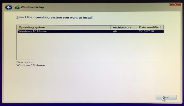 Sélection de la version de Windows 10 à installer