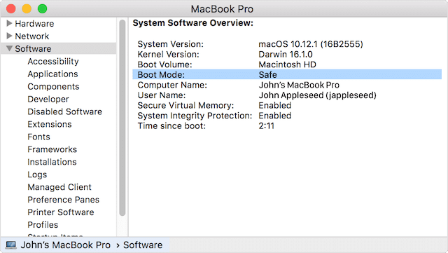 Les informations système indiquent que ce Mac a démarré en mode sans échec