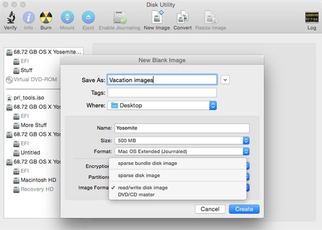 Disk Utility supports a number of image formats