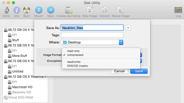 When you convert a disk image or create a disk image from a folder, the image formats available are limited